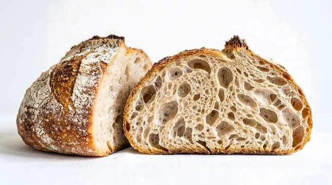 Artisan sourdough bread loaf sliced open showing airy crumb texture on white background rustic baking and fermentation concept