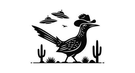 Roadrunner silhouette with ufos and desert cacti © farhan