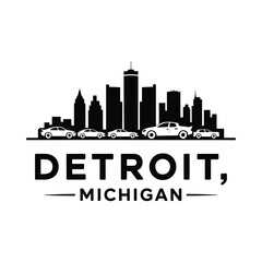 Fototapeta premium Detroit skyline silhouette with cars and city name typography