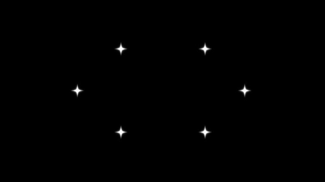 Six cinematic white glowing stars with radiant light rays on black background, minimalist star pattern animation for luxury transitions, logo reveals, and magical visual concepts.