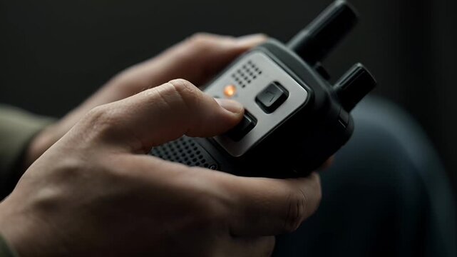 Close up of a person holding a portable two-way radio device, ready to communicate