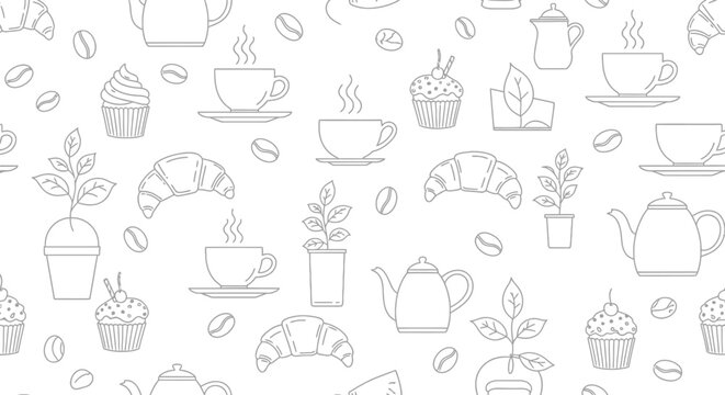 Seamless line art pattern of cafe and breakfast items.