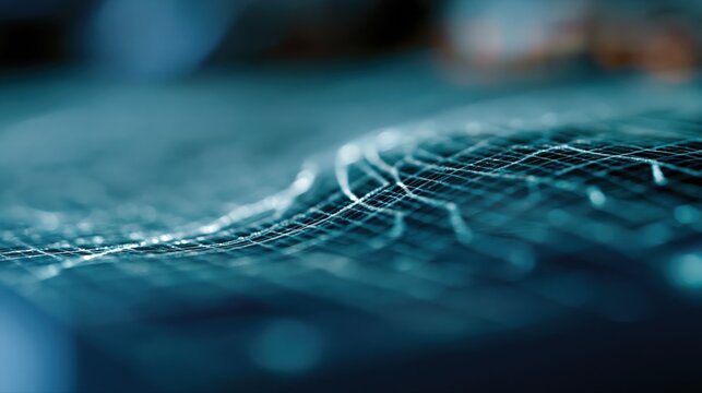 Abstract digital network grid with glowing lines and blurry blue background, representing technology and data flow