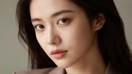 Fototapeta premium Young woman close up portrait with neutral expression