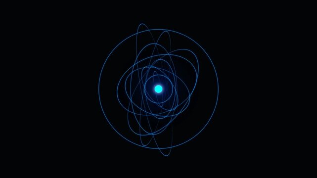 Abstract blue atomic particle motion graphics with orbiting electrons around glowing nucleus against black background.