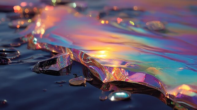 Oil slick abstract background, iridescent rainbow colors, black liquid surface, holographic reflection, modern trippy texture 