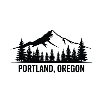 mountain and pine tree silhouette with portland oregon text