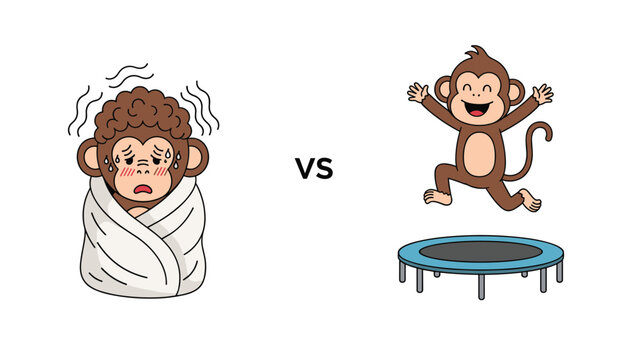 Visual comparison of a shivering monkey wrapped in a blanket versus a happy monkey joyfully jumping on a trampoline.
