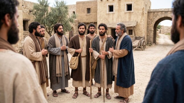 Prophet preaching to group of men in biblical village. Paul the apostle converting people to Christianity. Ancient historical scene reflecting Acts 9 narrative of faith and conversion.