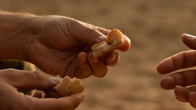 Close up shot of two hands sharing food outdoors with a shallow depth of field