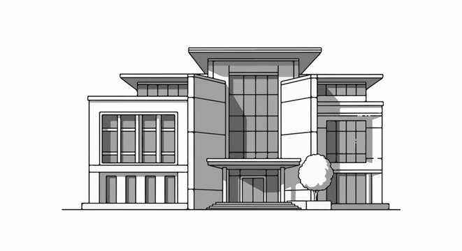 Modern, multi-story building with large glass windows and layered rooflines