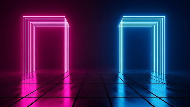Futuristic neon portals pink and blue in dark room with reflective floor.