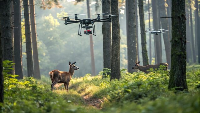 Two deer stand in a forest clearing, observed by two drones hovering nearby among tall trees and lush greenery in soft natural light.