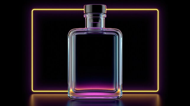 Elegant Glass Bottle with Neon Glow Background, Modern Minimalist Product Display