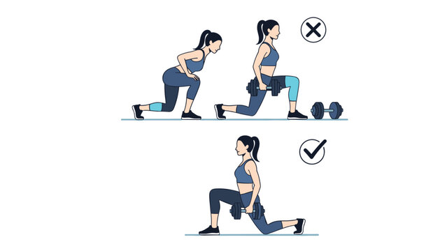 Visual guide comparing correct and incorrect lunge exercise forms with dumbbells, promoting proper workout technique.