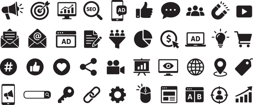 Digital Marketing and Social Media Glyph Icon Set &ndash; 40 Editable Solid Vector Symbols for Online Advertising, SEO, Content Marketing, Analytics, Email Marketing, Branding, and Social Media Management C