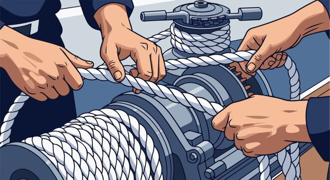 Multiple hands operate a thick rope on a winch, gears visible