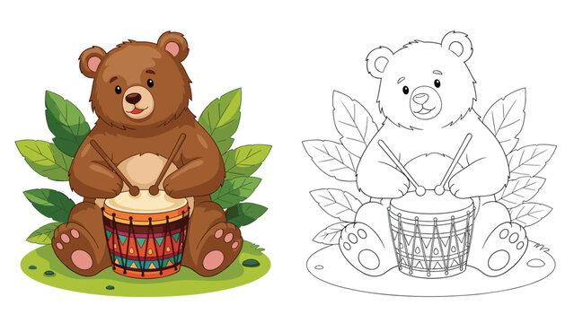 Cute cartoon bear playing a drum, presented in both color and outline for a fun coloring activity.