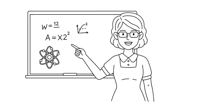 Smiling teacher pointing to science formulas on a blackboard.