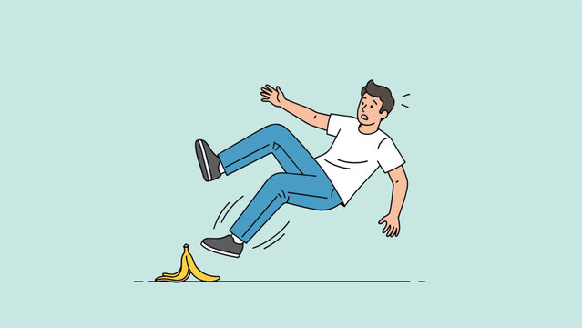 Humorous cartoon illustration of a man comically slipping on a banana peel, depicting an unexpected accident and the classic slapstick comedic scenario.
