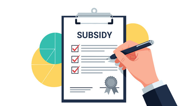 Hand in a business suit uses a pen to sign a document titled subsidy on a clipboard with checkmarks and colorful data charts in the background.