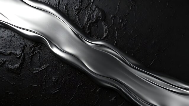 A smooth stream of liquid metal flowing across a dark, rough surface. 