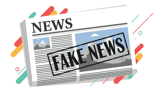 Fake news in media concept features folded newspaper with bold black stamp across front page image and colorful background lines.