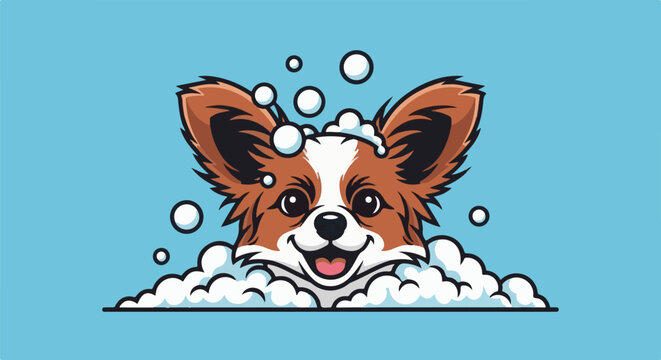 Happy dog with big ears and soap bubbles, on a blue background