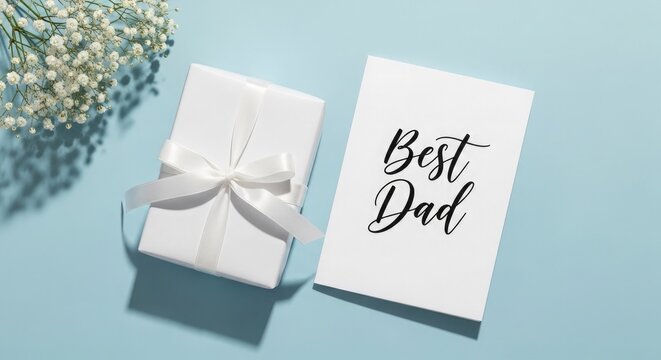 Father's day gifts presents with 'best dad' card and white flowers