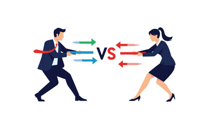 Obraz premium Professional gender competition concept features businessman and businesswoman in tug of war battle with directional arrows.