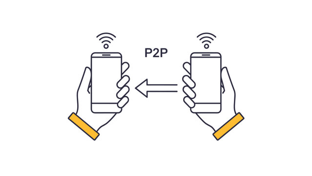 Peer to peer data transfer technology shows two hands holding smartphones with wireless signal icons and sharing arrow between them.