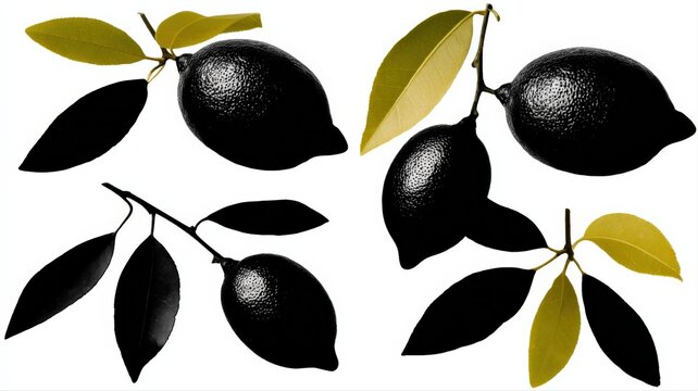 Four Black Lemons on Branches with Yellow and Black Leaves, Isolated on White Background