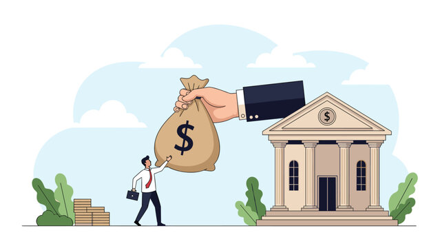 Business loan and banking finance concept shows giant hand giving heavy bag of money to small businessman near bank building.