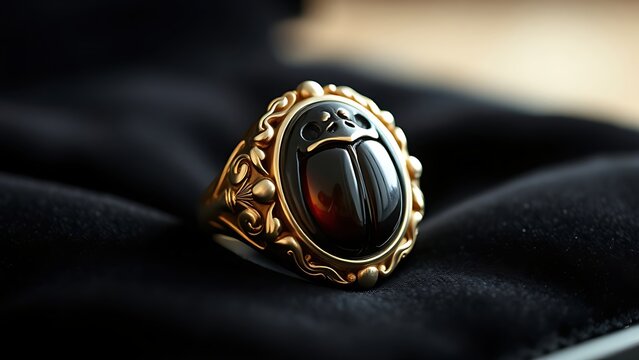  Ornate scarab beetle gemstone seal ring on black velvet with detailed carving. 