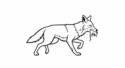 Fototapeta premium Line art of a fox carrying a small rodent in its mouth while walking