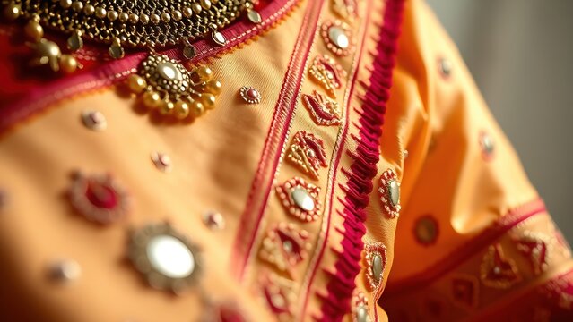 Close-up of a traditional garment with intricate mirror work and silk embroidery. 