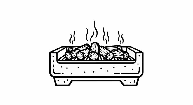 Line art of a fire pit filled with logs and smoke rising