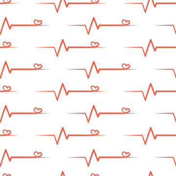 Seamless pattern with red heart pulse lines on white background. Love pulse heartbeat. vector illustration.