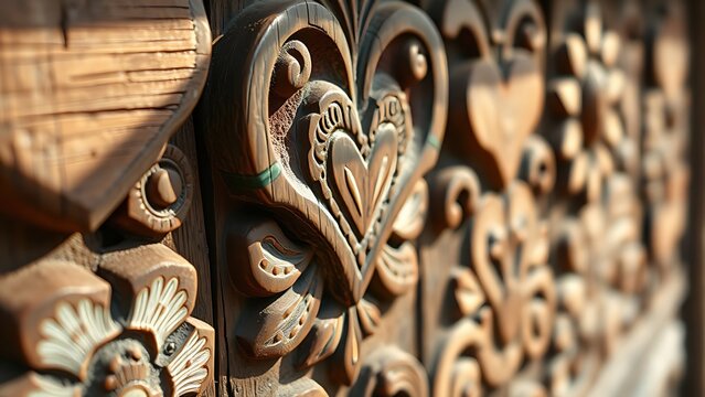 .Traditional painted wood carving with hearts, flowers, and geometric patterns. 