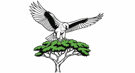 Obraz premium Majestic eagle with outstretched wings perched atop a leafy tree