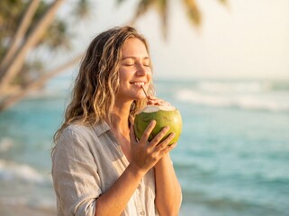 Fototapeta premium Woman, Sipping Coconut Water, Golden Hour, Authentic Well-being