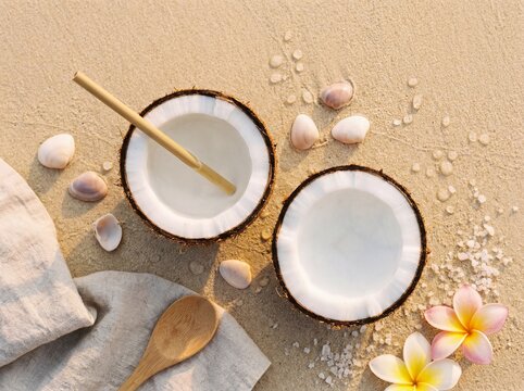 Flat Lay, Fresh Coconut, Seashells, Golden Sand, Wellness