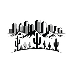 Obraz premium Desert landscape silhouette with city skyline and cacti