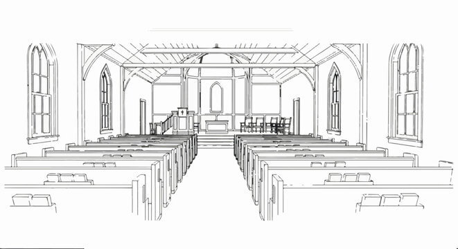 Interior view of an empty church with rows of pews leading to an altar