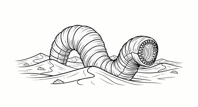 Large segmented worm emerges from stylized sand dunes with sharp teeth