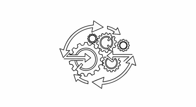 Interlocking gears and arrows form a cyclical process