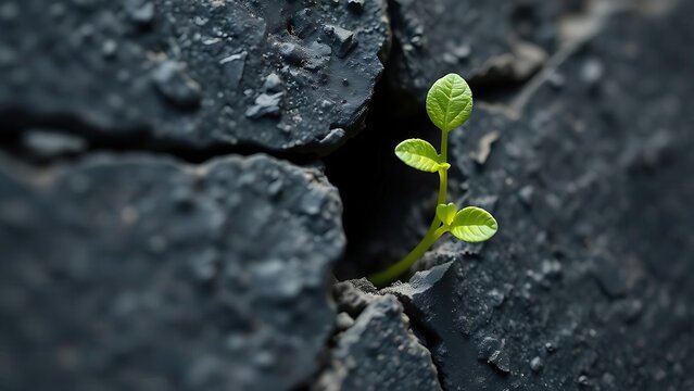 A green seedling growing through a crack in a grey slate stone. 