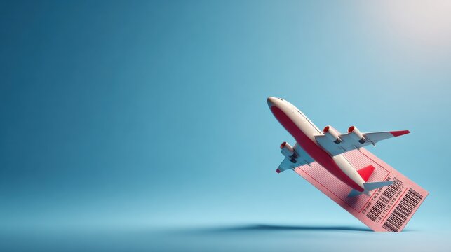 A miniature airplane with a boarding pass, symbolizing travel and adventure. The image features a bright blue background. 