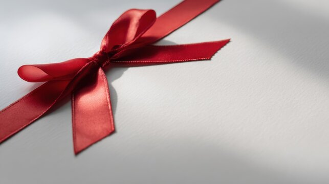 A close-up view of a vibrant red ribbon bow, diagonally placed and casting subtle shadows. It exudes a sense of elegance, perfection, and charm, conveying a sentiment of thoughtfulness and delight