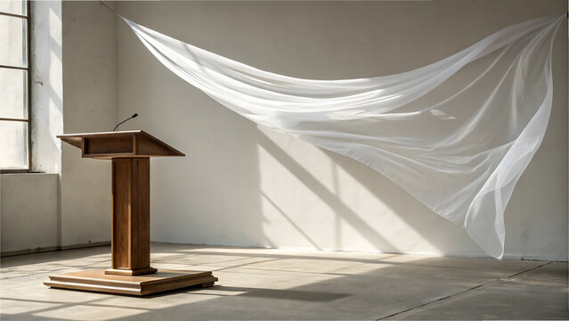 A wooden podium stands alone in a room with a white fabric hanging on the wall